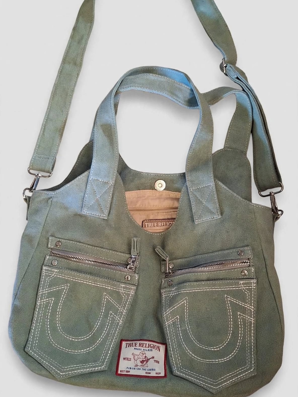 True Religion Canvas Horseshoe Tote Bag Crossbody Sage Green Y2K